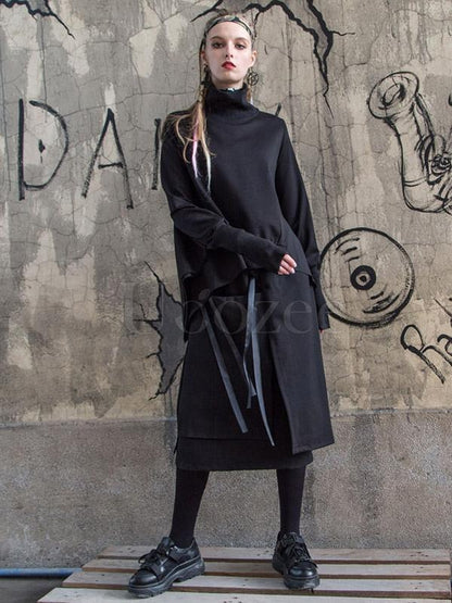 Black Batwing Sleeves High-neck Split-joint Sweatshirt