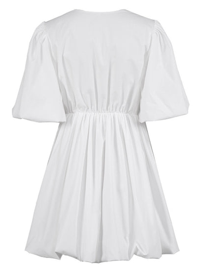 Simple Solid Color Pleated V-Neck Bishop Sleeves  Mini Dress