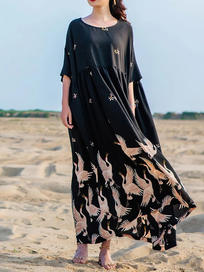 Stylish Crane Print Split-Joint Pleated Half Sleeves Maxi Dress