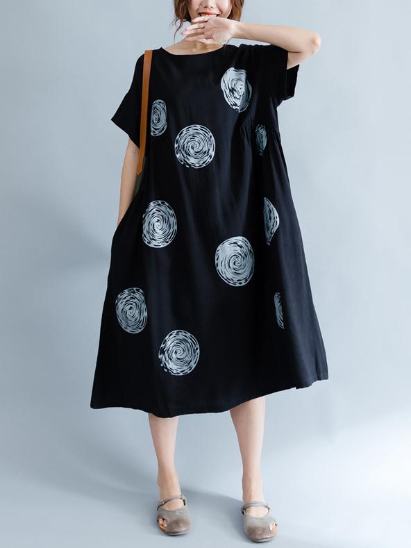 Black Polka-Dot Print Round-neck Midi Dress