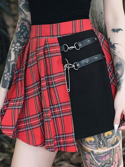 Punk A-Line  Contrast Color Plaid Split-Joint Skirts Bottoms