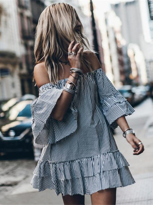 Loose Plus Size Stripes Off Shoulder Mini Dresses
