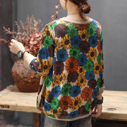 Buykud Casual Retro Floral Printed O-neck Knitted Shirt