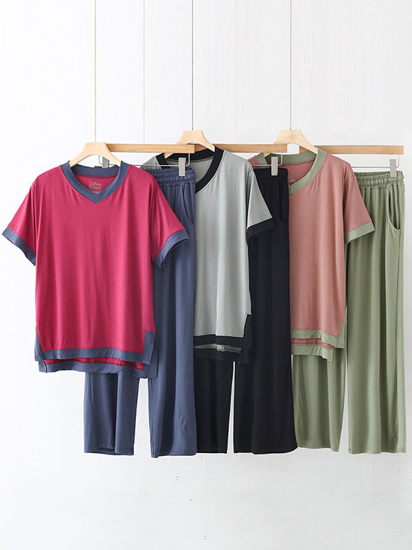 Comfortable Short Sleeve V-Neck T-Shirt&Pants Pajama Set