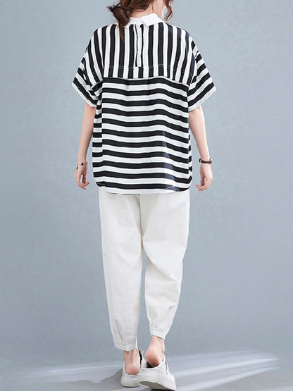 Urban Stripe Half Sleeve Lapel T-Shirt Top