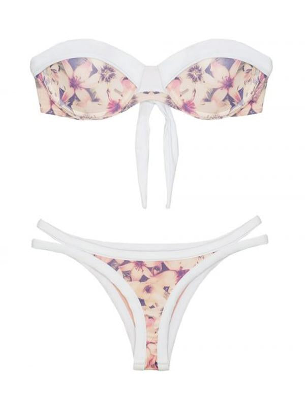Floral-Print Split-Joint Bandeau Split Bikini Swimsuit