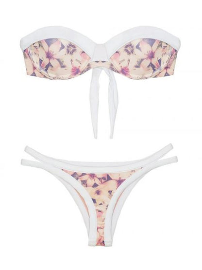 Floral-Print Split-Joint Bandeau Split Bikini Swimsuit