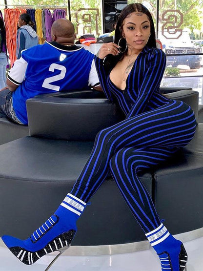 V-neck Striped Sports Jumpsuits