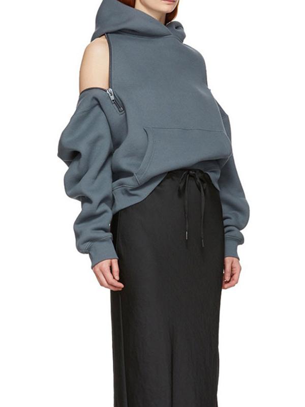 Zipper Off-The-Shoulder Two Ways To Wear Plus Velvet Hoodies&Sweatshirt