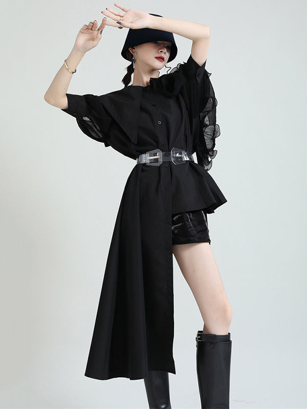 Stylish Irregular 4 Colors Split-Joint Pleated Mesh Falbala Buttoned Lapel Collar Bishop Sleeves Blouse