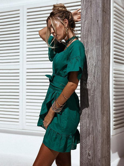Solid Color V-neck Falbala Mini Dress