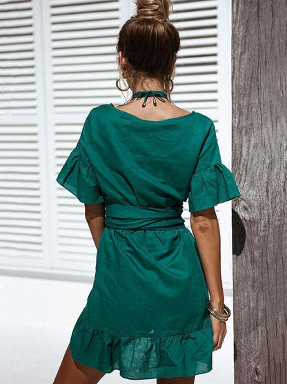 Solid Color V-neck Falbala Mini Dress