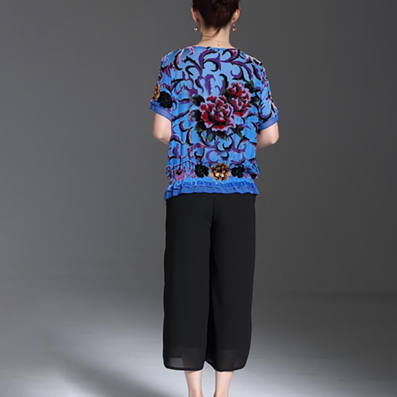 Casual Floral Round Neck And Wide Leg Pants