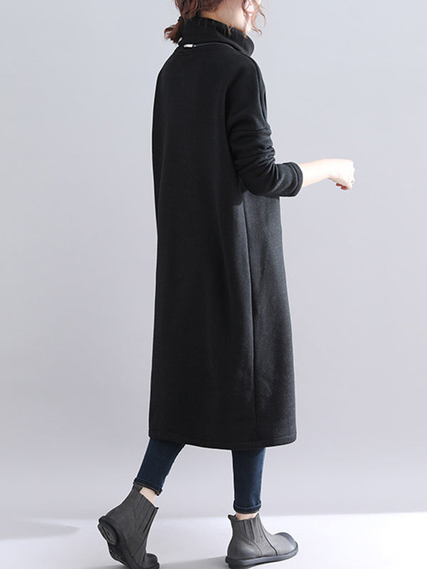Simple Solid Color With Pocket High-Neck Long Sleeves Sweatshirt Dress