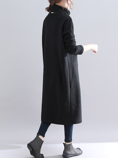 Simple Solid Color With Pocket High-Neck Long Sleeves Sweatshirt Dress