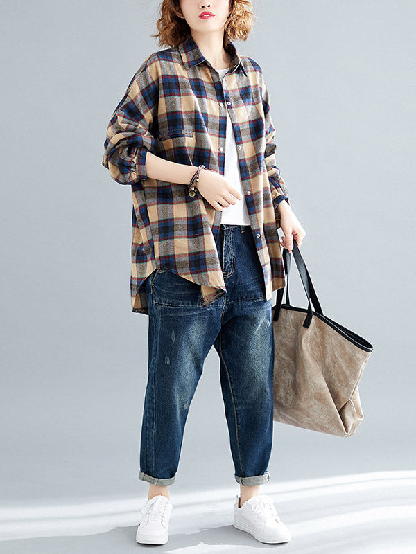 Artistic Retro Plaid Buttoned Lapel Collar Long Sleeves Blouse