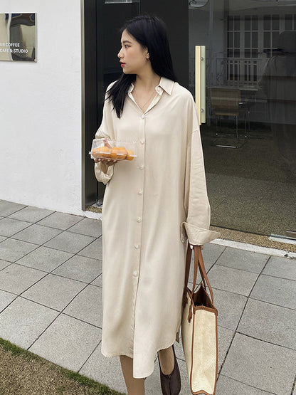 Simple Solid Color Buttoned Lapel Long Sleeves Shirt Dress
