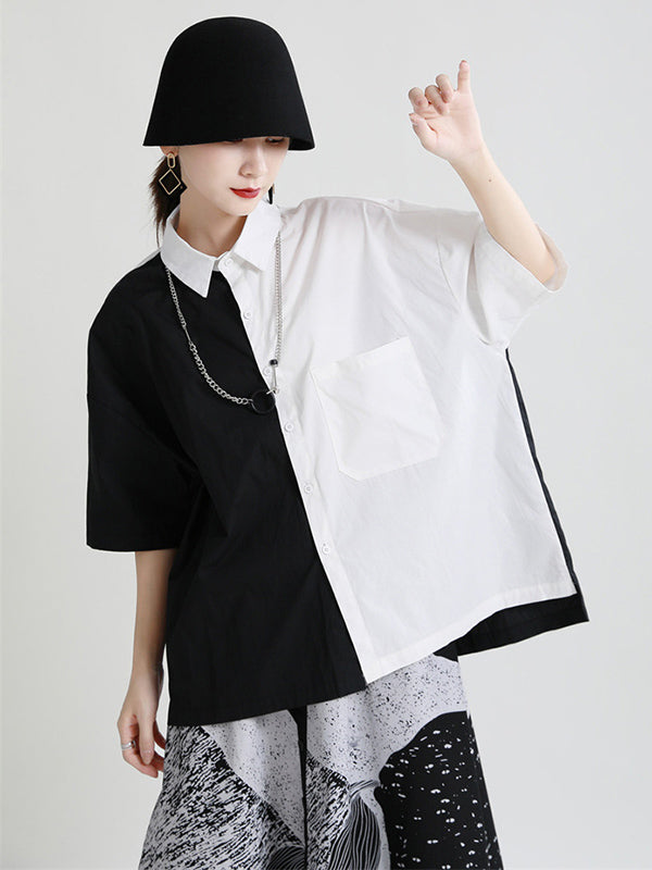 Original Contrast Color Split-Joint With Pocket Buttoned Lapel Color Long Sleeves Blouse