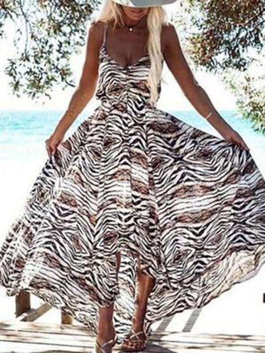 Spaghetti-neck V-neck Leopard Print Maxi Dress
