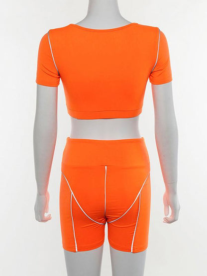 Crop Contrast Trim Tees And Shorts Sport Suits