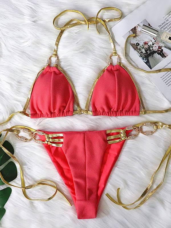 Solid Color Bandage Split Bikini Swimsuit