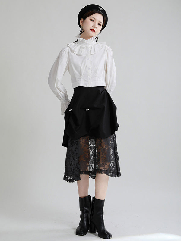 Stylish Solid Color Falbala Buttoned Pleated Stand Collar Long Puff Sleeves High-Waist Blouse