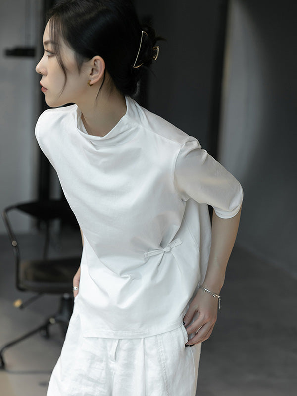 Simple White Stand Collar Half Sleeve Asymmetric T-Shirt