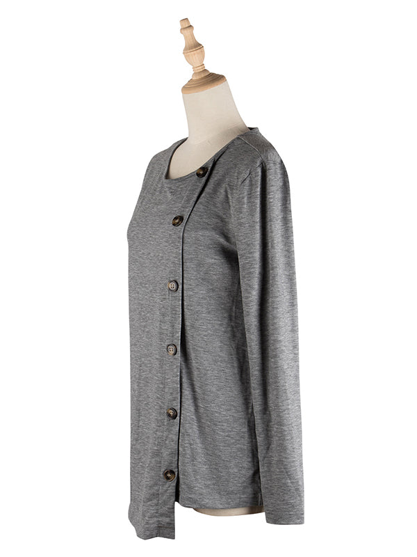 Casual Round-Neck Buttoned Asymmetric T-Shirt