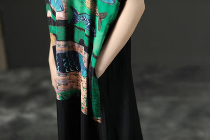 Black Printing Loose O-Neck Casual Dress