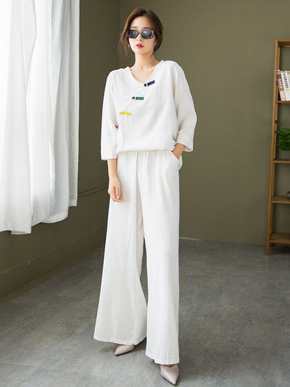 Original Casual Loose Linen Irregular Buttoned V-Neck Long Sleeves T-Shirt Tops&Wide Legs Casual Pants 2 Pieces Set