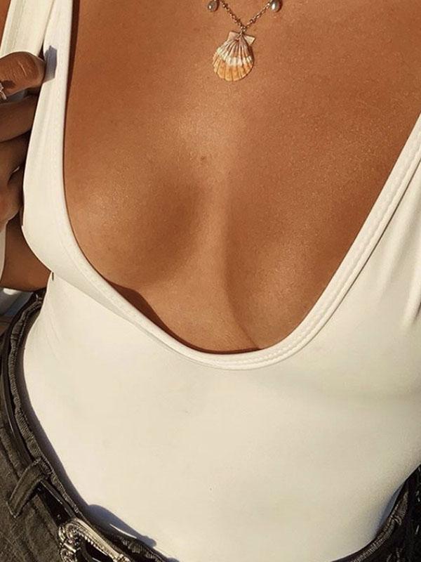 Solid Color Deep V-Neck Split Bikini Swimsuit