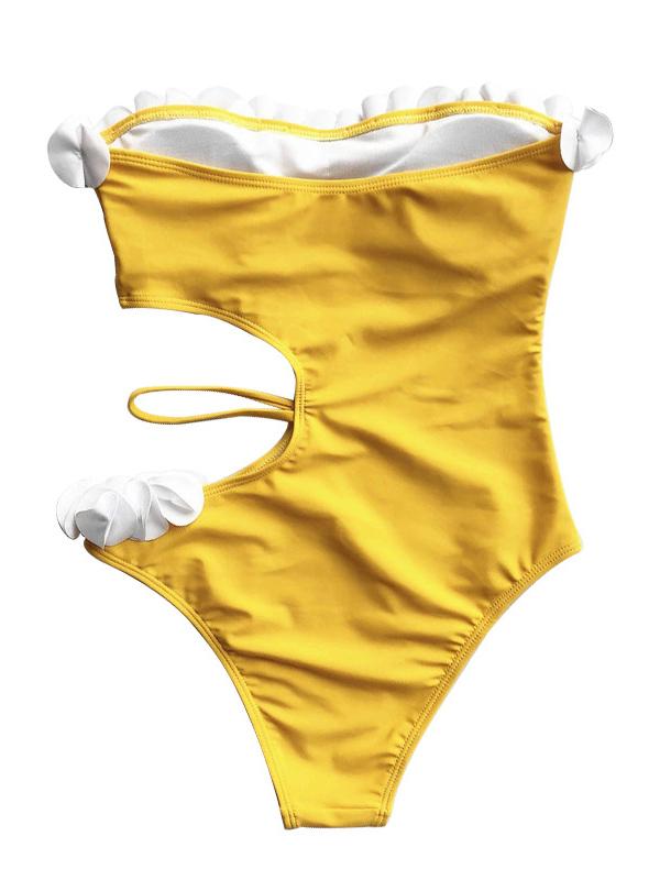 Lace Asymmetric Bandeau One-Piece Swimwear