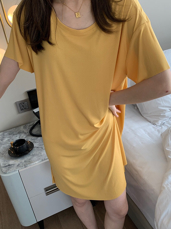 Casual Solid Color Short Sleeve Round-Neck Dress