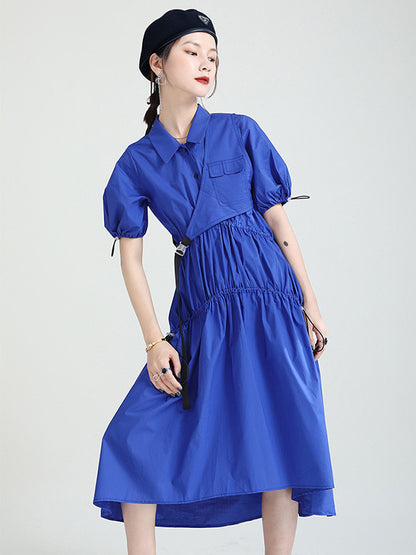 Casual Solid Color Asymmetric Pleated Split-Joint Midi Dress+Vest Tops Two Pieces Set