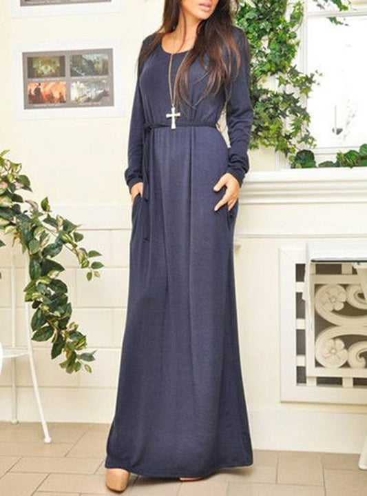 Solid Round-neck Long Sleeves Maxi Dress