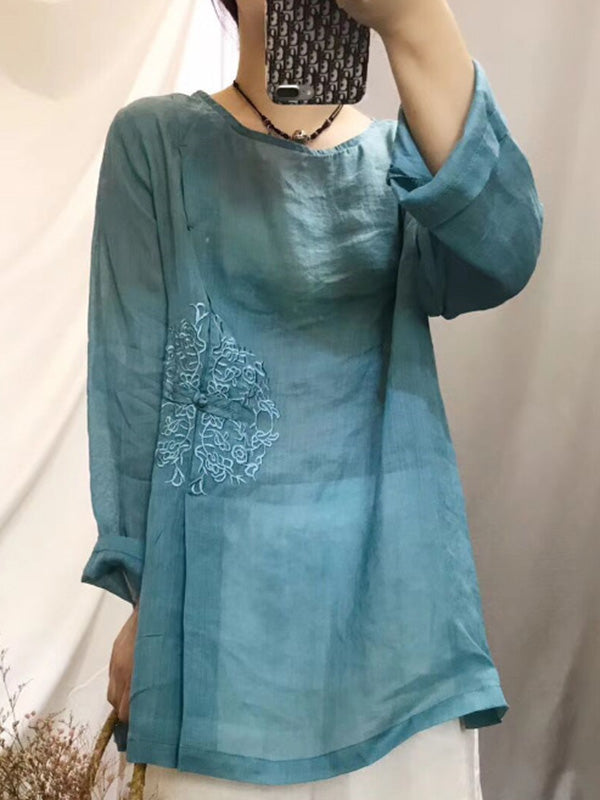 Vintage Ramie Cotton Embroidered Round-Neck T-Shirt Tops