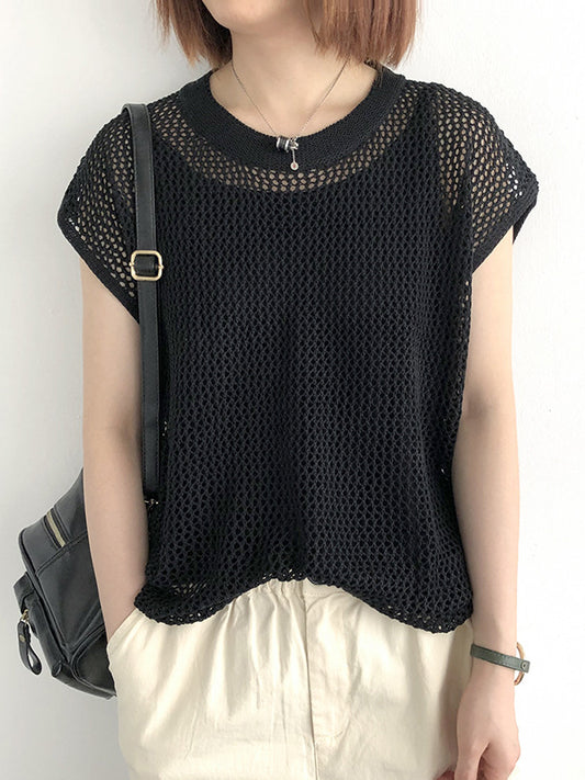 Simple Loose Solid Color Linen Hollow T-Shirt Top