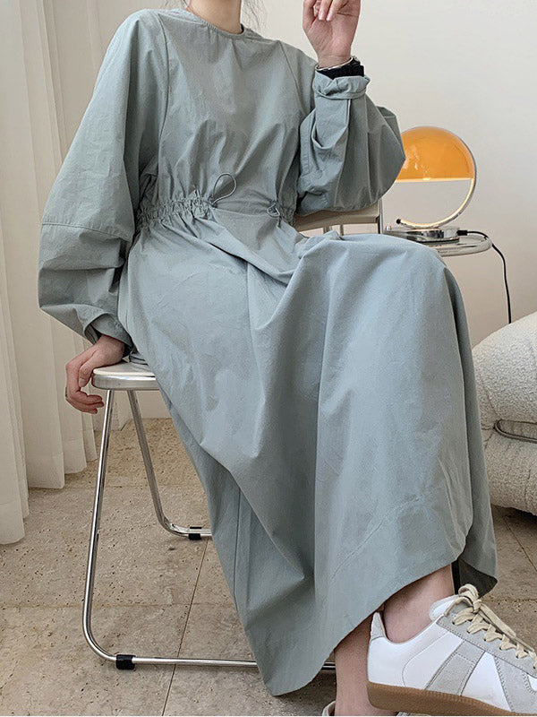 Simple Solid Color Round-Neck Pleated Long Sleeves Midi Dress
