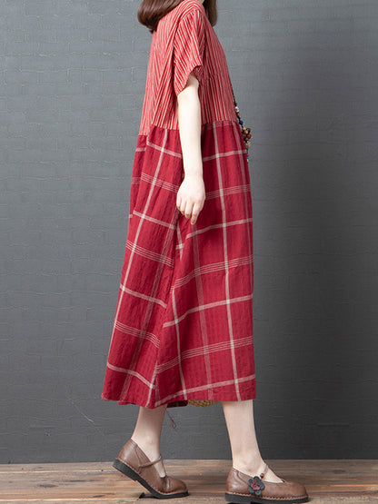 Artistic Retro Loose Split-Joint Striped Plaid V-Neck Short Sleeves Midi Dress