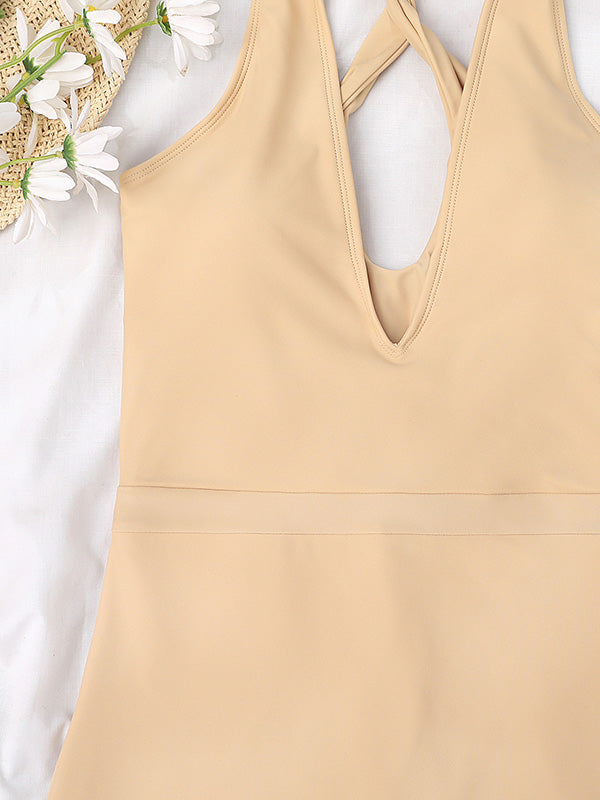 Solid Color Sport-Style V-Neck One-Piece Swimwear