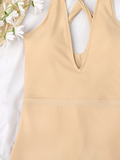 Solid Color Sport-Style V-Neck One-Piece Swimwear