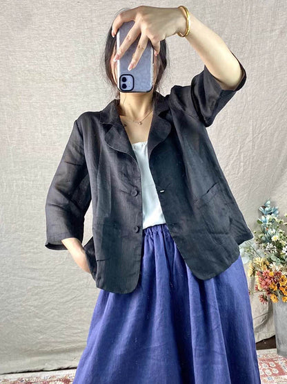 Artistic Retro Ramie Cotton Solid Color Split-Joint With Pocket Buttoned Notched Collar Long Sleeves Blazer Outwear