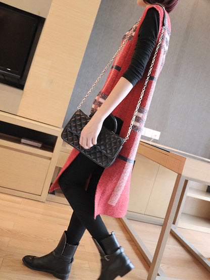 Artistic Retro Striped Split-Side Round-Neck Sleeveless Knitted Vest