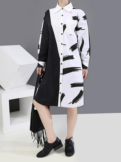 Long Split-Joint Lapel Printed Sleeve Midi Dress