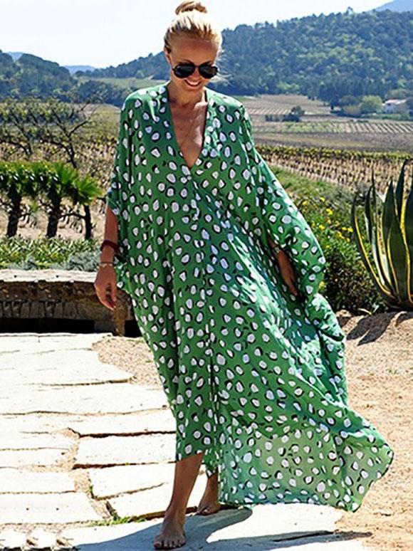 Loose Asymmetric Polka-dot V-neck Maxi Dress