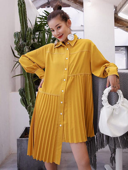Loose Ruffled Solid Asymmetric Shirt Dress
