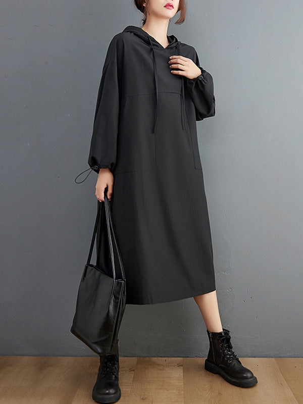 Casual Split-Side Solid Color Hooded Drawstring Long Sleeves Midi Dress