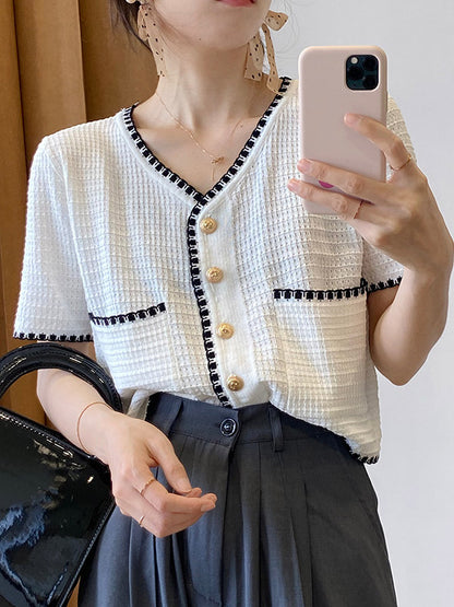 Casual Black&White V-Neck Short Sleeves Knitwear Cardigan