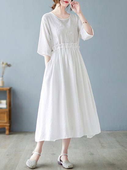 Artistic Retro Loose Solid Color Embroidered Drawstring Midi Dress