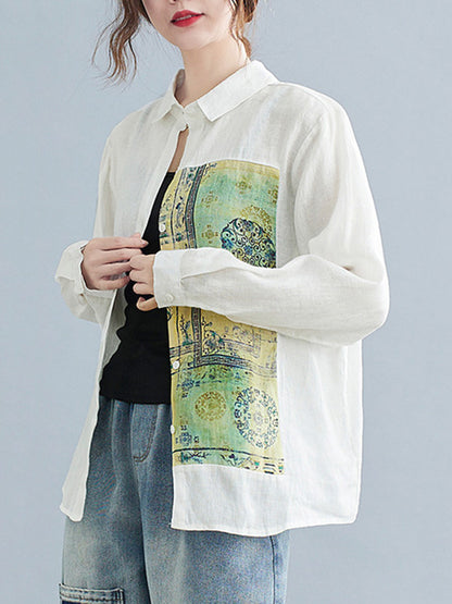 Artistic Retro National Printed Split-Joint Pleated Lapel Collar Long Sleeves Blouse